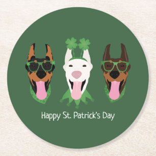 Happy St Patricks Day Dobermann Dogs Round Paper Coaster