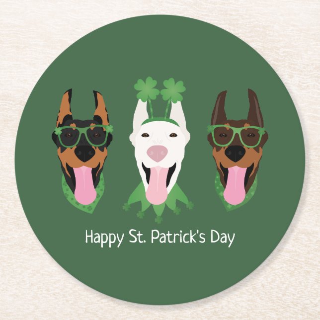 Happy St Patricks Day Dobermann Dogs Round Paper Coaster (Front)