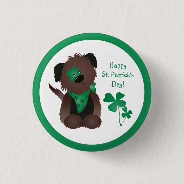 Happy St Patricks Day Dog Four Leaf Clover Green 1 Inch Round Button (Front)