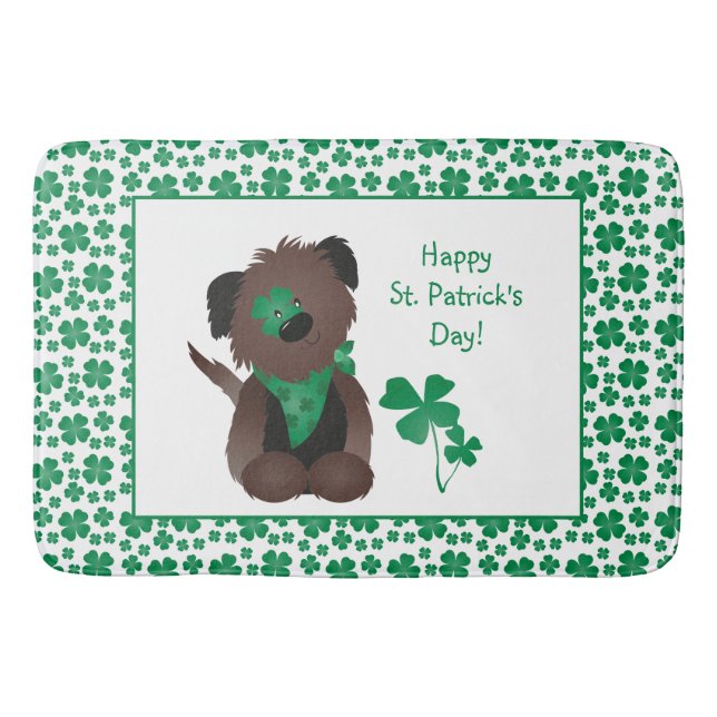 Happy St Patricks Day Dog Four Leaf Clover Green Bath Mat (Front)