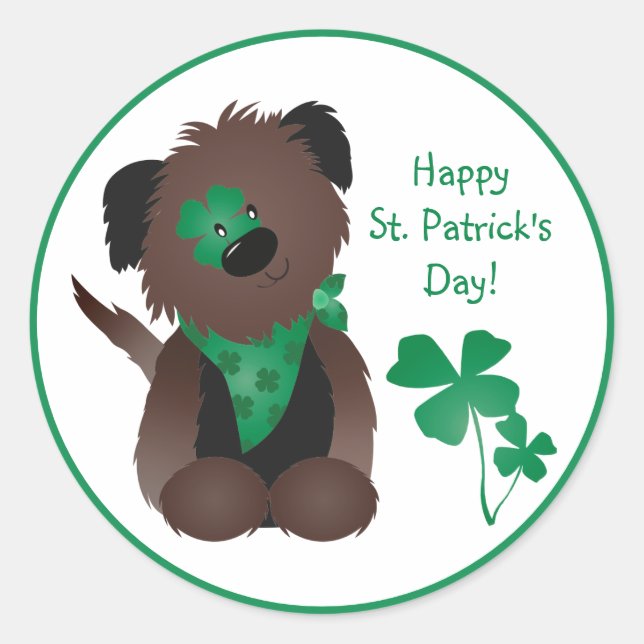 Happy St Patricks Day Dog Four Leaf Clover Green Classic Round Sticker (Front)