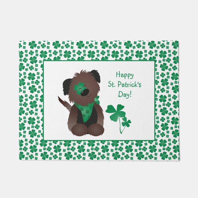 Happy St Patricks Day Dog Four Leaf Clover Green Doormat (Front)