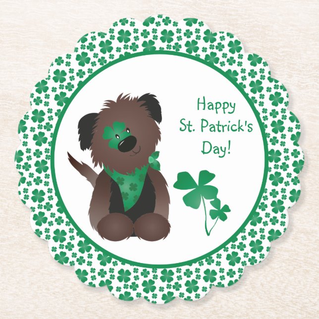 Happy St Patricks Day Dog Four Leaf Clover Green Paper Coaster (Front)