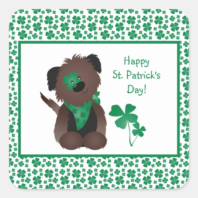 Happy St Patricks Day Dog Four Leaf Clover Green Square Sticker (Front)