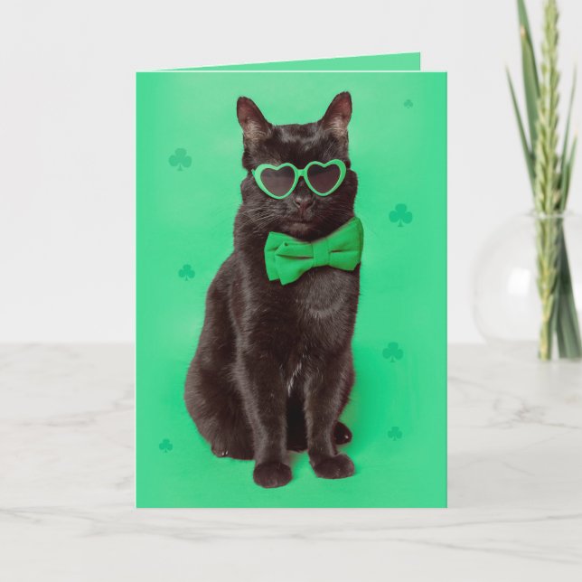 Happy St Patricks Day For Anyone Black Cat  Holiday Card (Front)
