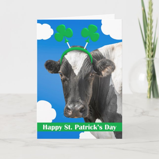Happy St Patricks Day For Anyone Cow in Shamrocks Holiday Card (Front)