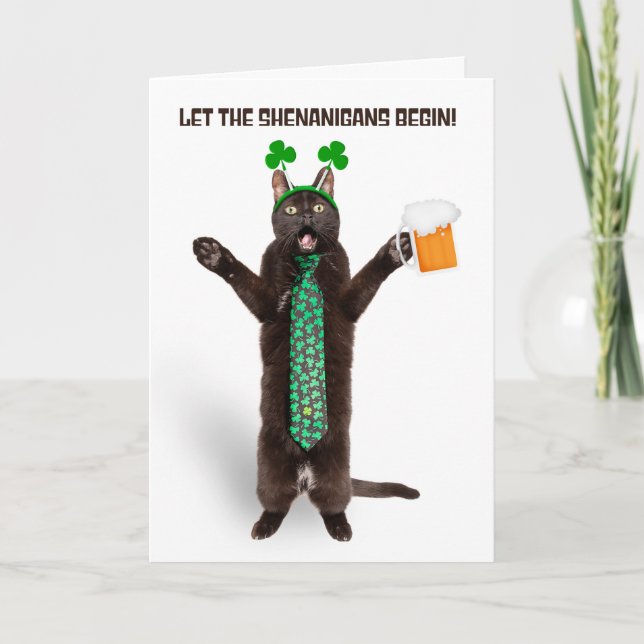 Happy St Patricks Day Funny Cat in Shamrock Tie  Holiday Card (Front)
