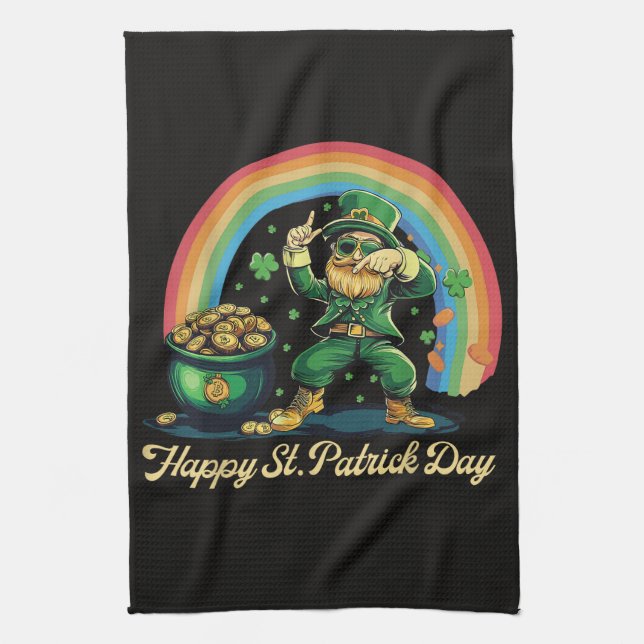 Happy St Patricks Day Funny Leprechaun Kitchen Towel (Vertical)
