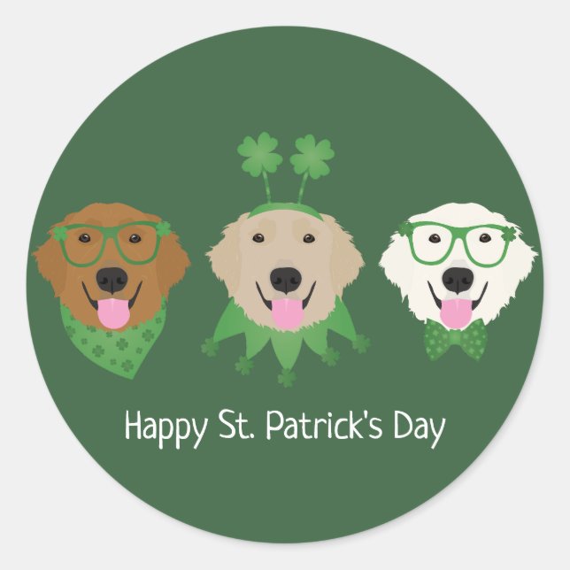 Happy St Patricks Day Golden Retriever Dogs Classic Round Sticker (Front)