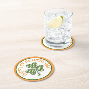 Happy St Patrick's Day Green Gingham Shamrock Round Paper Coaster