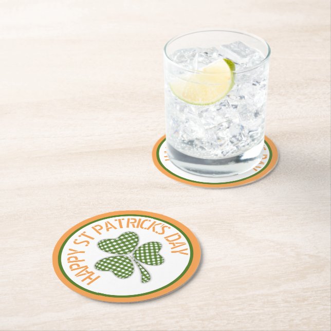 Happy St Patrick's Day Green Gingham Shamrock Round Paper Coaster (Insitu)