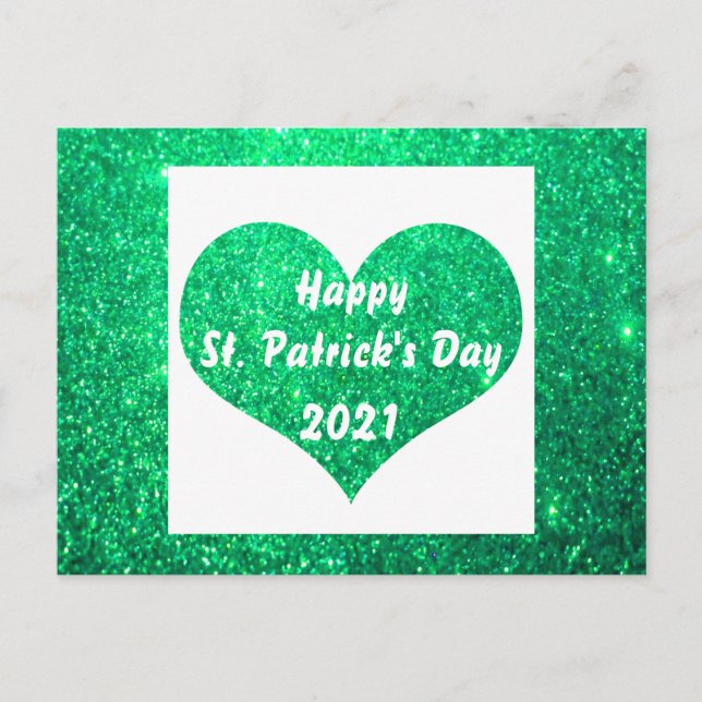 Happy St Patrick's Day Green Glitter Heart Cute Postcard (Front)