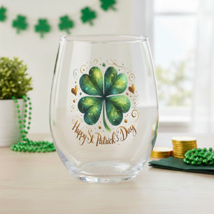 Happy St. Patrick's Day Green & Gold Shamrock Stemless Wine Glass