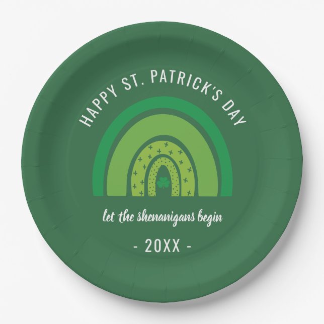 Happy St Patricks Day Green Rainbow Irish Shamrock Paper Plate (Front)