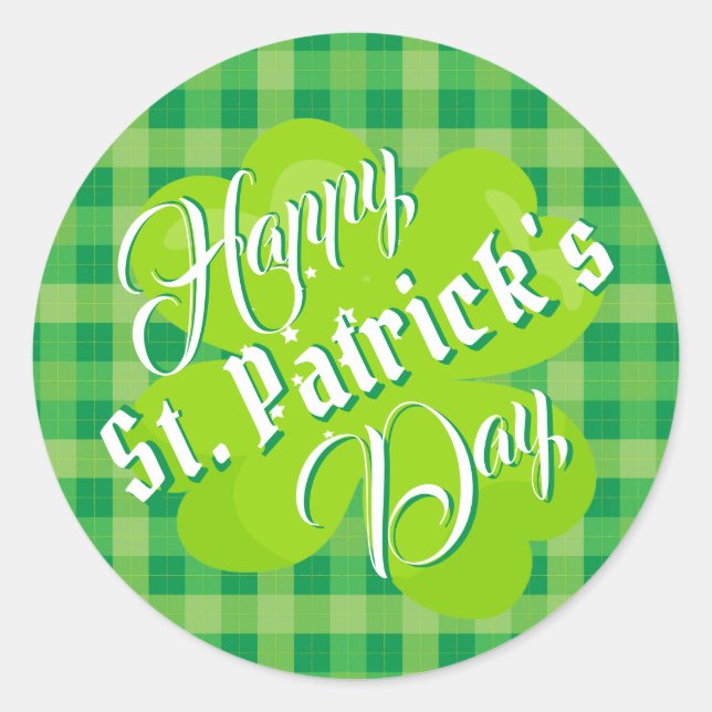 Happy St. Patrick's Day Green Tartan Lucky Clover Classic Round Sticker (Front)