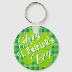 Happy St. Patrick's Day Green Tartan Lucky Clover Keychain