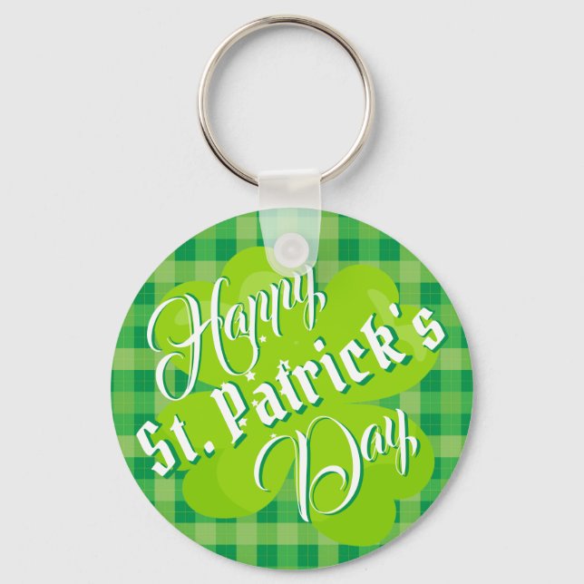 Happy St. Patrick's Day Green Tartan Lucky Clover Keychain (Front)