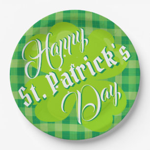 Happy St. Patrick's Day Green Tartan Lucky Clover Paper Plate