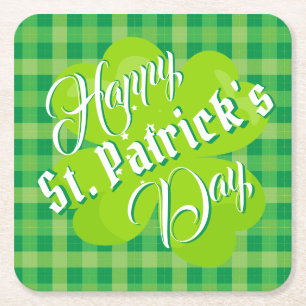 Happy St. Patrick's Day Green Tartan Lucky Clover Square Paper Coaster
