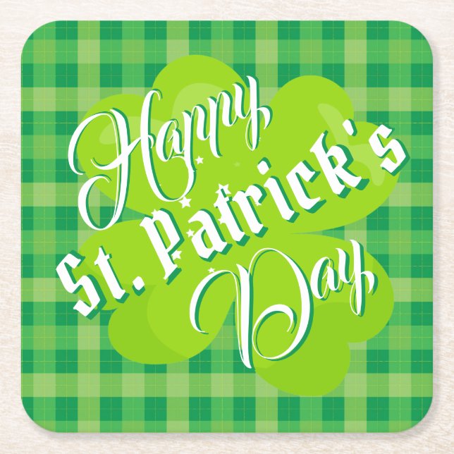 Happy St. Patrick's Day Green Tartan Lucky Clover Square Paper Coaster (Front)
