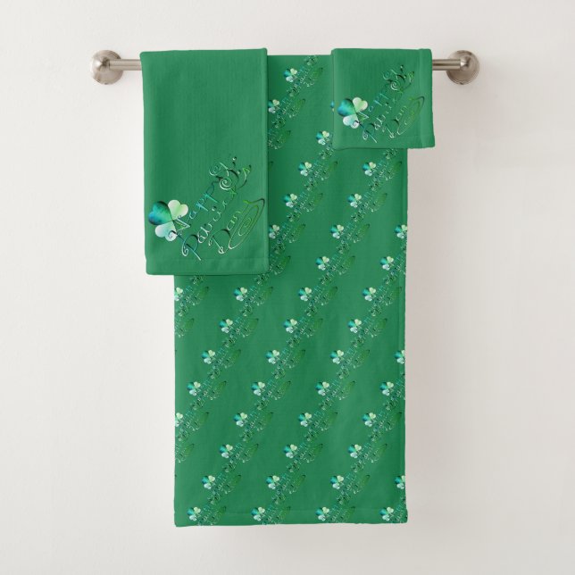 "Happy St. Patrick's Day" Hand-written,Shamrocks Bath Towel Set (Insitu)