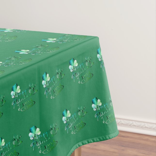 "Happy St. Patrick's Day" Hand-written,Shamrocks Tablecloth (In Situ)