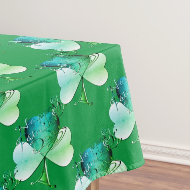 "Happy St. Patrick's Day" Hand-written Shamrocks Tablecloth (In Situ)