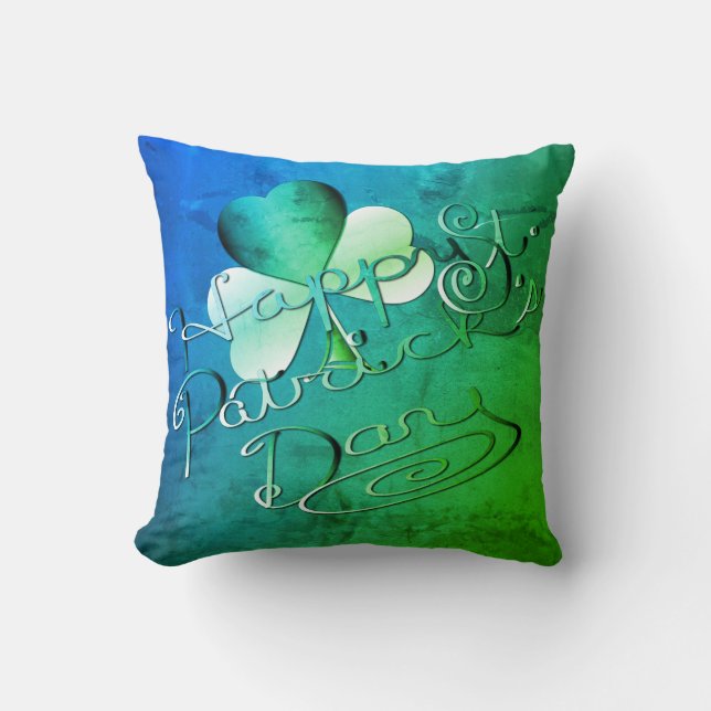 "Happy St. Patrick's Day" Hand-written W/Shamrock Throw Pillow (Front)