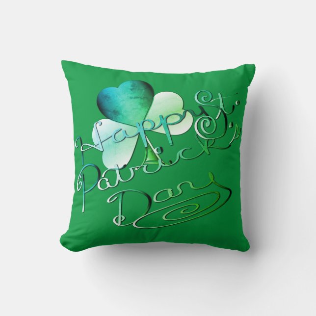 "Happy St. Patrick's Day" Hand-written W/Shamrock Throw Pillow (Front)