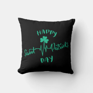 Happy St Patricks Day Heartbeat pulse Shamrock Throw Pillow