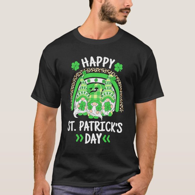 Happy St Patricks Day Leopard Rainbow Irish Gnomes T-Shirt (Front)