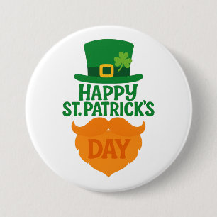 Happy St Patricks Day Leprechaun Beard and Hat 3 Inch Round Button