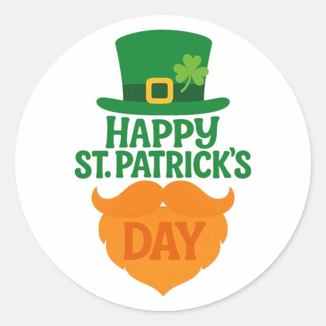 Happy St Patricks Day Leprechaun Beard and Hat Classic Round Sticker (Front)