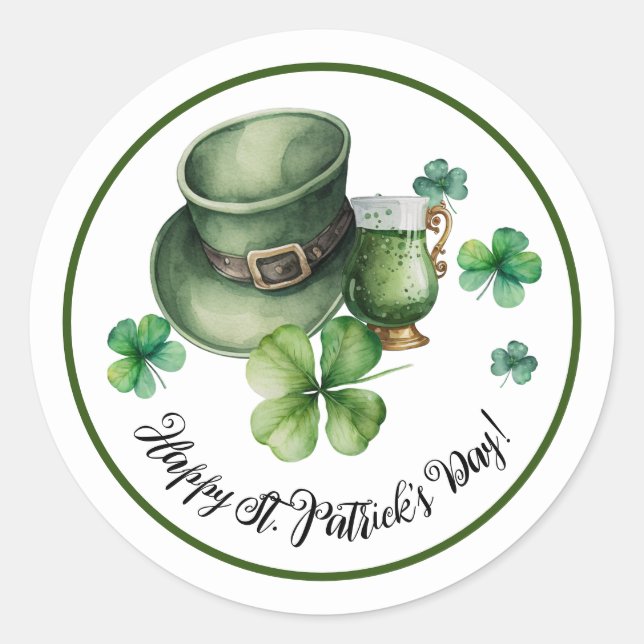 Happy St.Patrick's Day  Leprechaun Hat Green Beer Classic Round Sticker (Front)