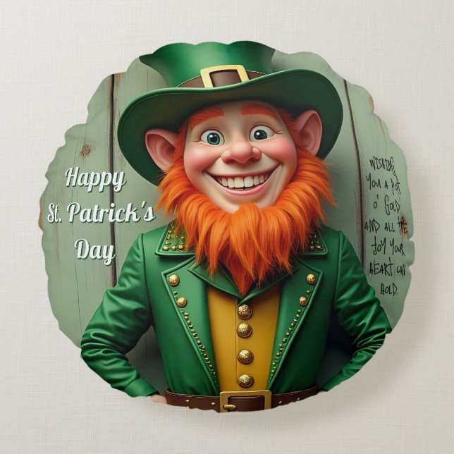 Happy St. Patrick's Day Leprechaun Round Pillow (Front)