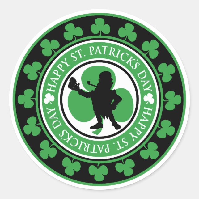 Happy St. Patrick's Day Leprechaun Shamrocks Classic Round Sticker (Front)