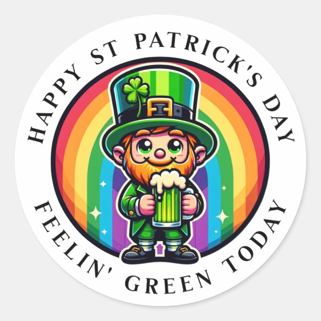 Happy St Patrick's Day Leprechaun with Green Beer Classic Round Sticker (Front)