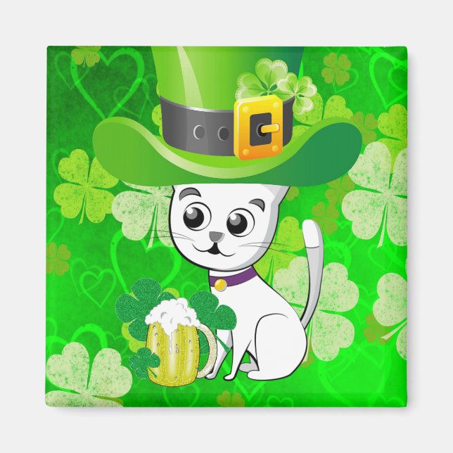 Happy St. Patrick's Day Magnets Shamrock Cat Beer (Front)