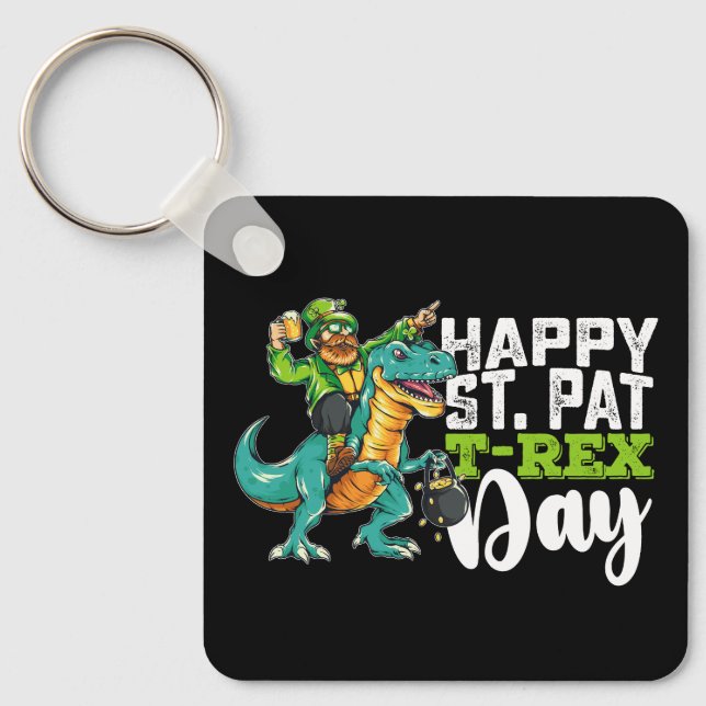 Happy St Patrick's Day Pat T Rex Dinosaur Keychain (Front)