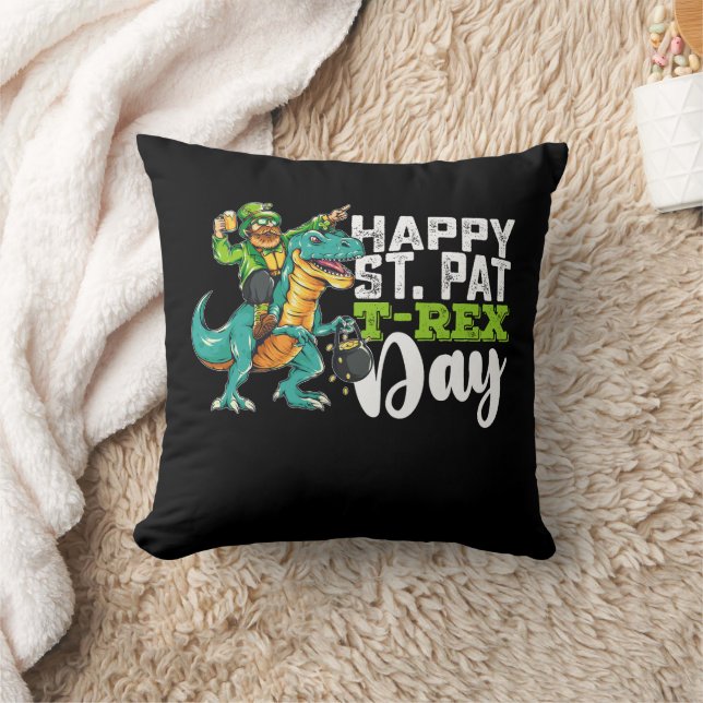 Happy St Patrick's Day Pat T Rex Dinosaur Throw Pillow (Blanket)