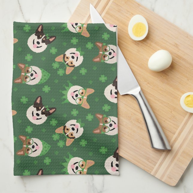 Happy St Patricks Day Pembroke Welsh Corgi Dogs Kitchen Towel (Quarter Fold)