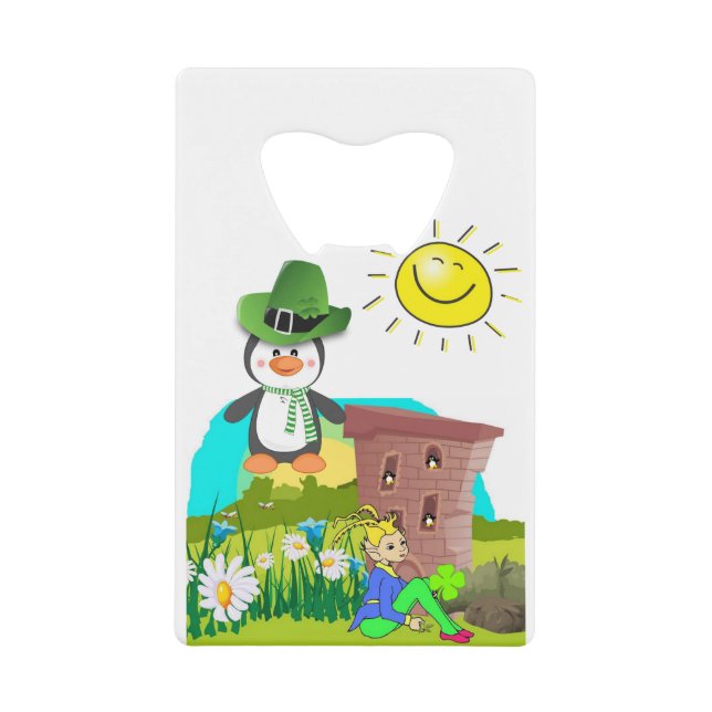 happy st. patrick's day penguin leprechaun credit card bottle opener (Front)