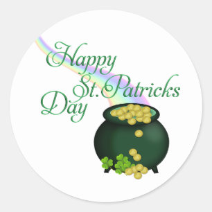 Happy St. Patrick's Day Pot of Gold and Rainbow Classic Round Sticker