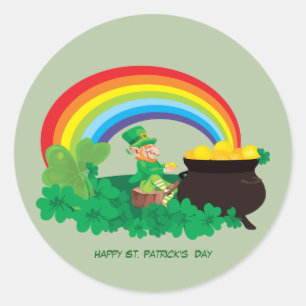 Happy St. Patrick's Day Pot of Gold and Rainbow Classic Round Sticker