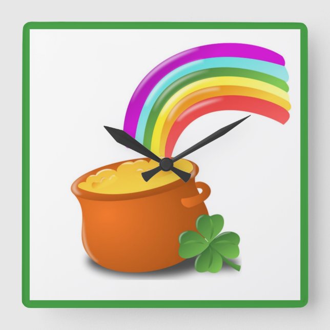 "HAPPY ST. PATRICK'S DAY" POT OF GOLD SQUARE WALL CLOCK (Front)