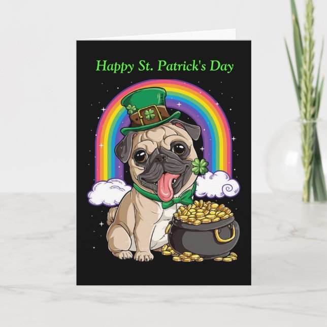 Happy St. Patrick's Day Pug dog holiday card (Front)