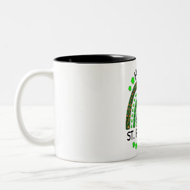 Happy St Patrick's Day Rainbow Leopard Print Shamr Two-Tone Coffee Mug (Left)