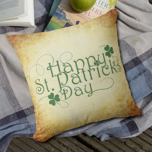 Happy St Patrick's Day Script Mottled Cream Brown Throw Pillow