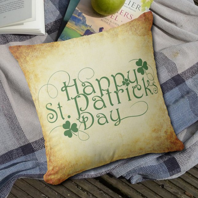 Happy St Patrick's Day Script Mottled Cream Brown Throw Pillow (Creator Uploaded)