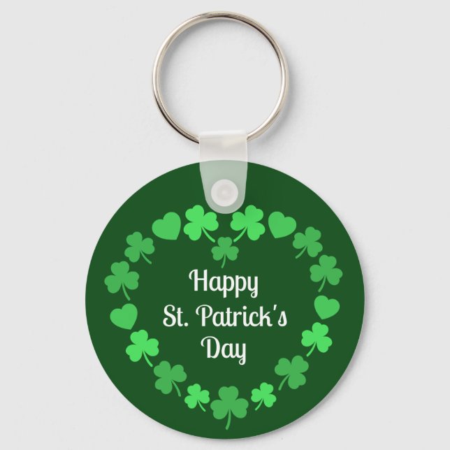 Happy St. Patrick's Day Shamrock and Heart Wreath Keychain (Front)